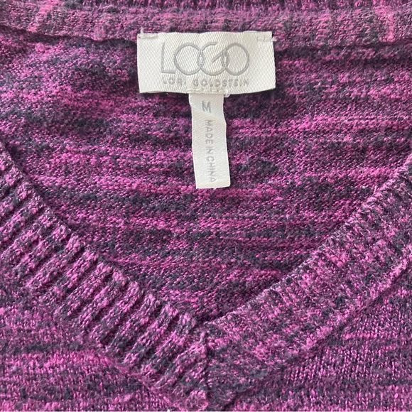 LOGO by Lori Goldstein Sz Sweater M Purple Black Marled Knit Shark-bite V Neck - Picture 2 of 5
